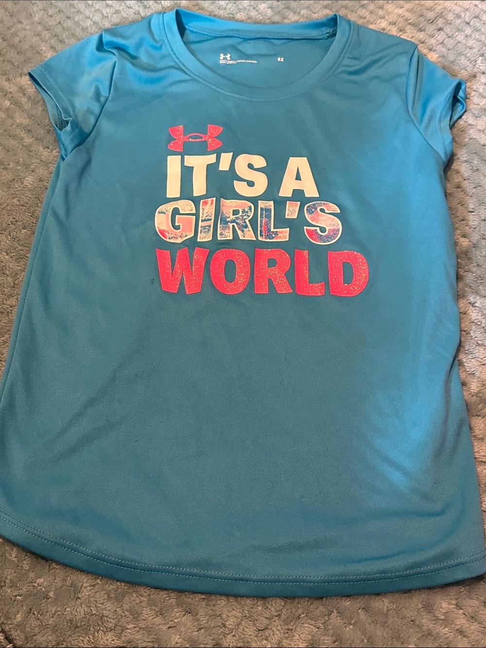 Under Armour Teal Girls' Short Sleeve Tee with Pink & White Graphic